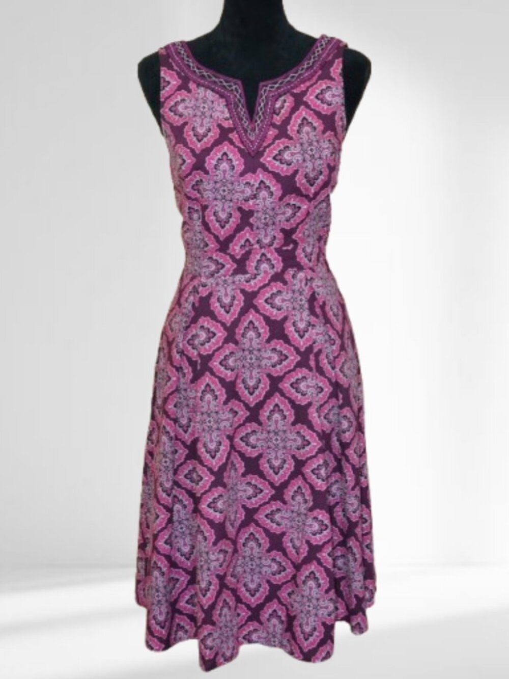 eShakti Hot Pink & Purple Tile Print Dress Sleeveless embroidered cotton 6 SMALL